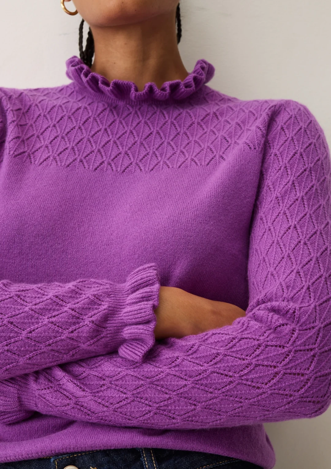 Tie Neck Pointelle Sweater in Vibration Purple by LOOP Cashmere on curated-crowd.com