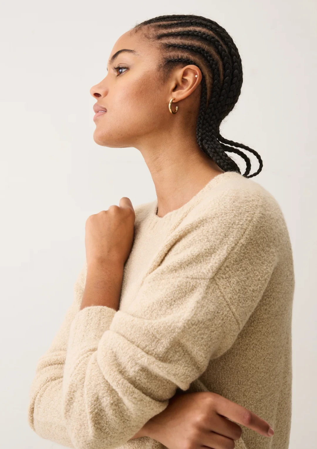 Boucle Cropped Sweatshirt in Smoke Beige by LOOP Cashmere on curated-crowd.com