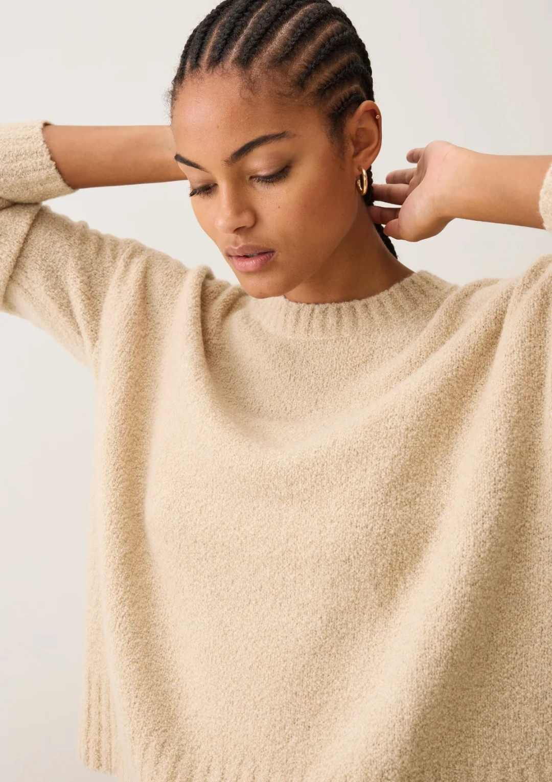 Boucle Cropped Sweatshirt in Smoke Beige by LOOP Cashmere on curated-crowd.com