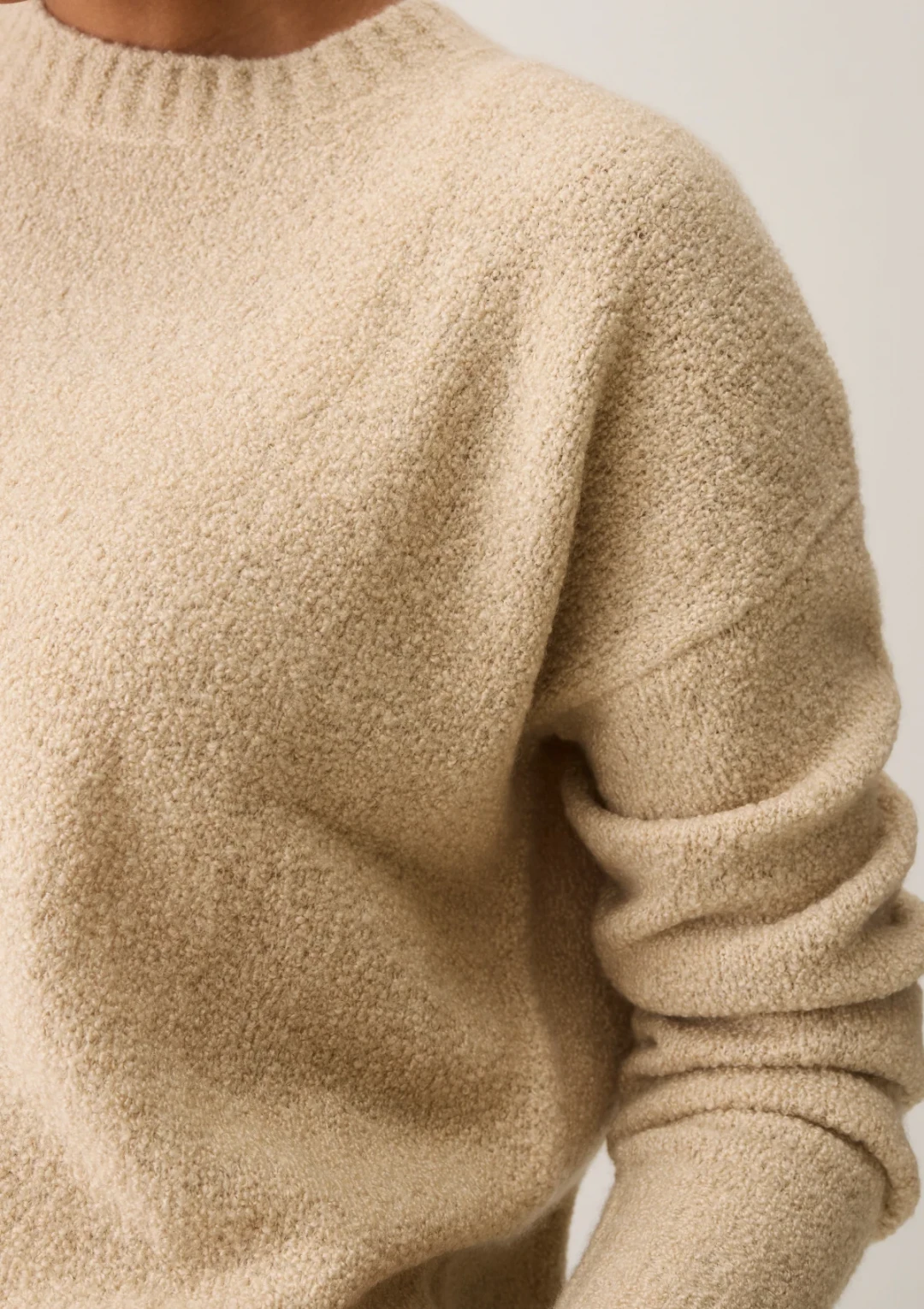 Boucle Cropped Sweatshirt in Smoke Beige by LOOP Cashmere on curated-crowd.com