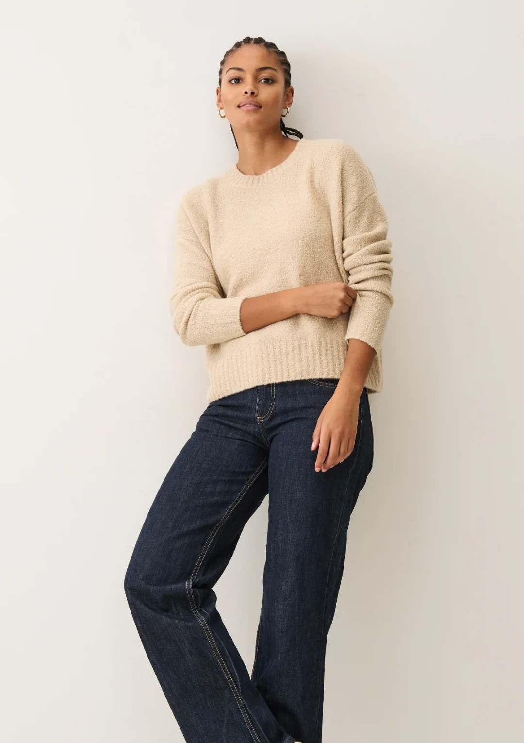 Boucle Cropped Sweatshirt in Smoke Beige by LOOP Cashmere on curated-crowd.com