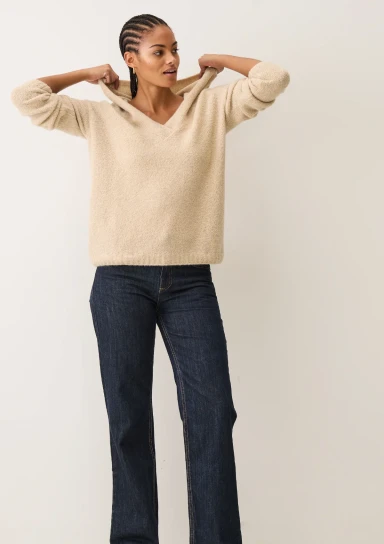 Boucle Hooded Sweater in Smoke Beige by LOOP Cashmere on curated-crowd.com