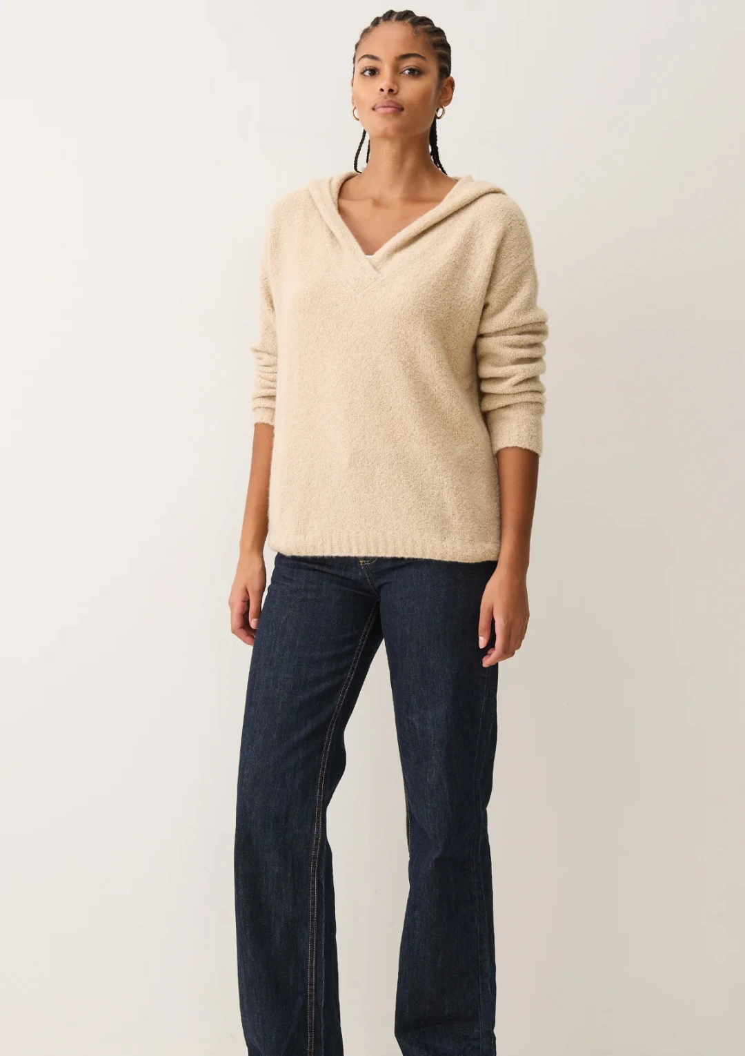 Boucle Hooded Sweater in Smoke Beige by LOOP Cashmere on curated-crowd.com