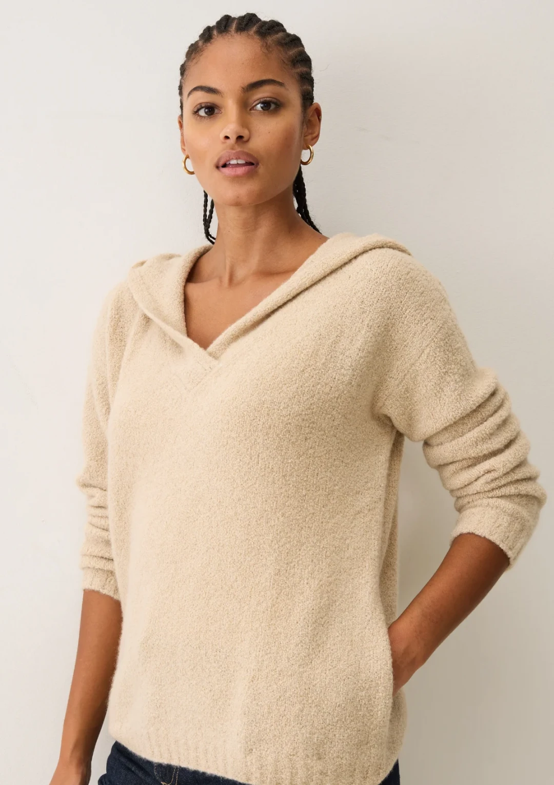 Boucle Hooded Sweater in Smoke Beige by LOOP Cashmere on curated-crowd.com