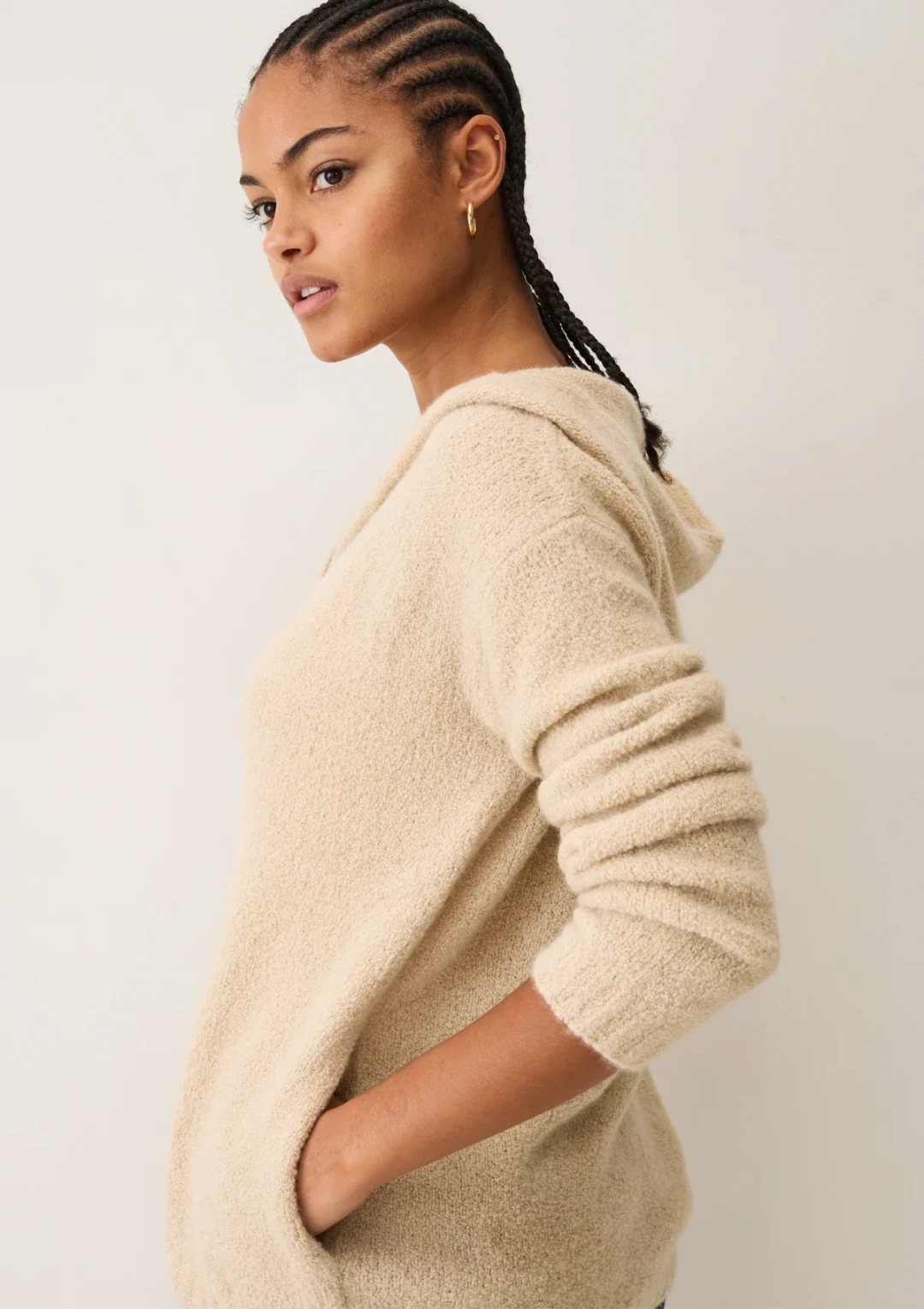 Boucle Hooded Sweater in Smoke Beige by LOOP Cashmere on curated-crowd.com