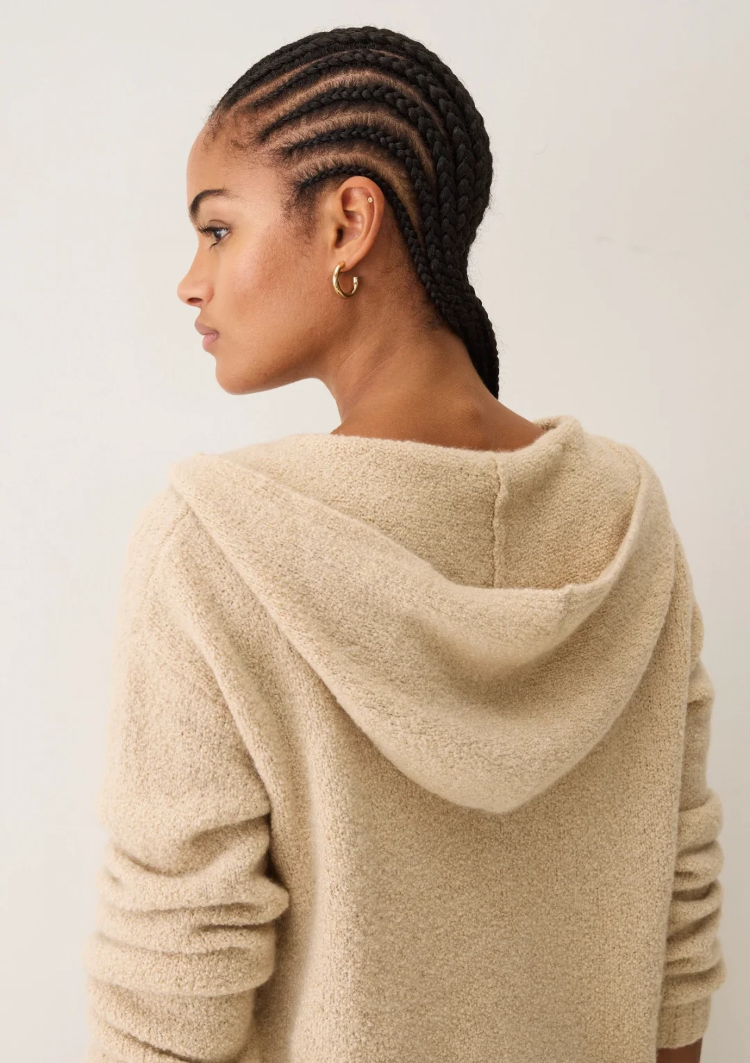 Boucle Hooded Sweater in Smoke Beige by LOOP Cashmere on curated-crowd.com