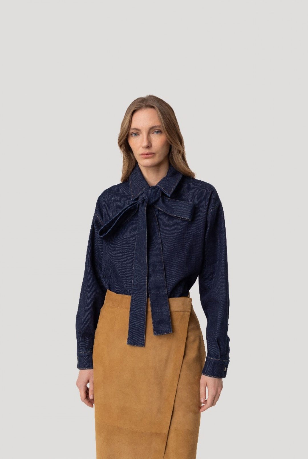 Denim Overshirt with Bow by Inner Tiger on curated-crowd.com