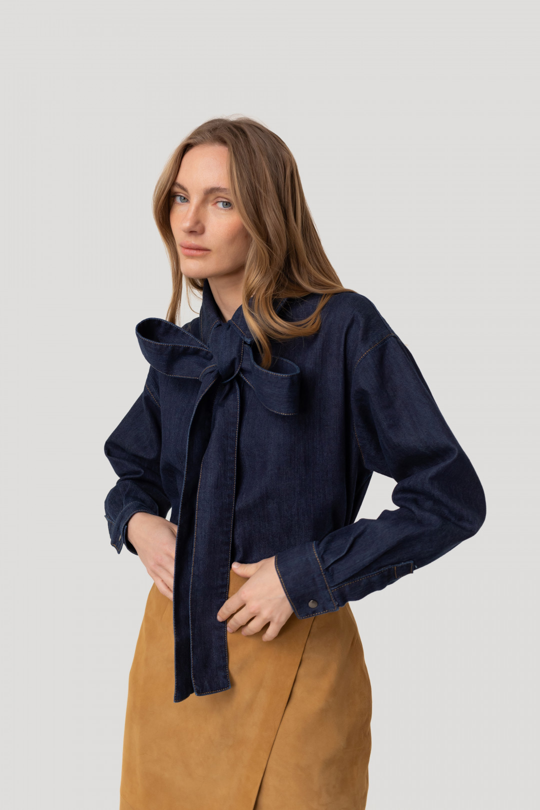 Denim Overshirt with Bow by Inner Tiger on curated-crowd.com