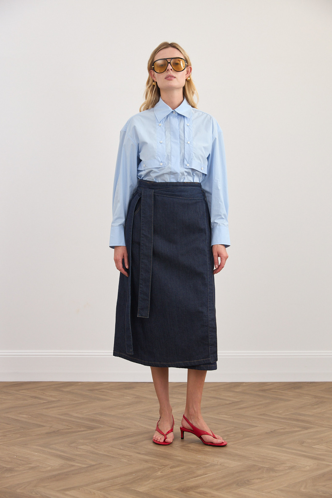 Wrap Midi Denim Skirt by Inner Tiger on curated-crowd.com
