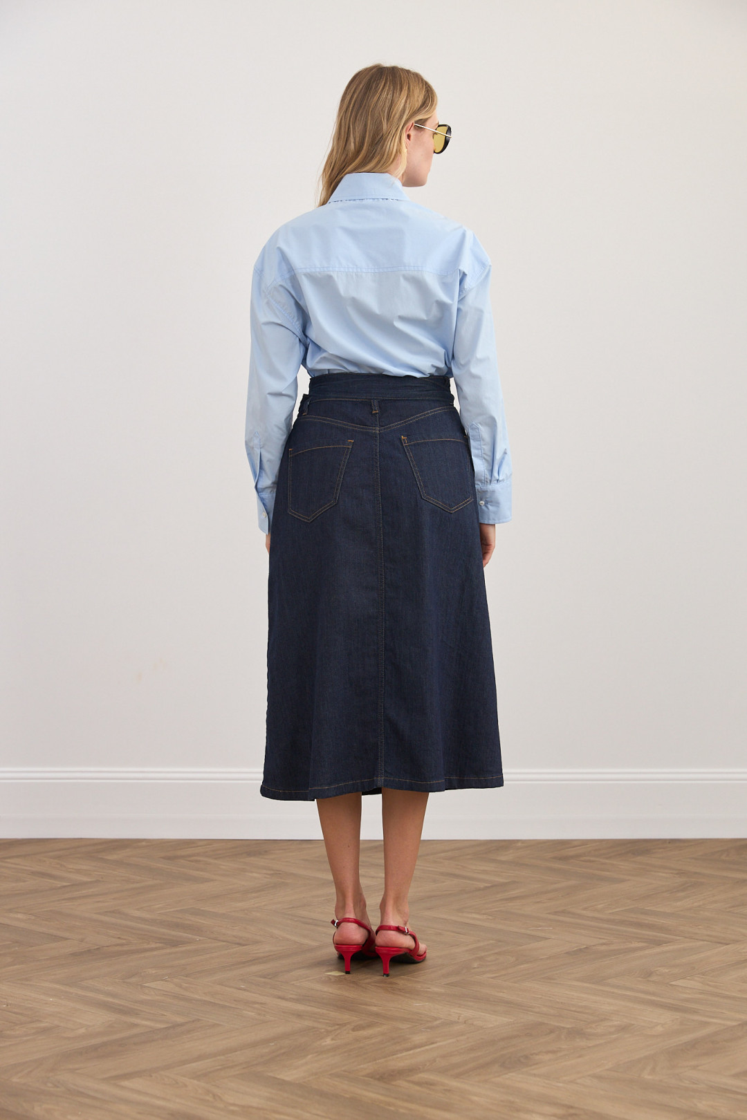 Wrap Midi Denim Skirt by Inner Tiger on curated-crowd.com