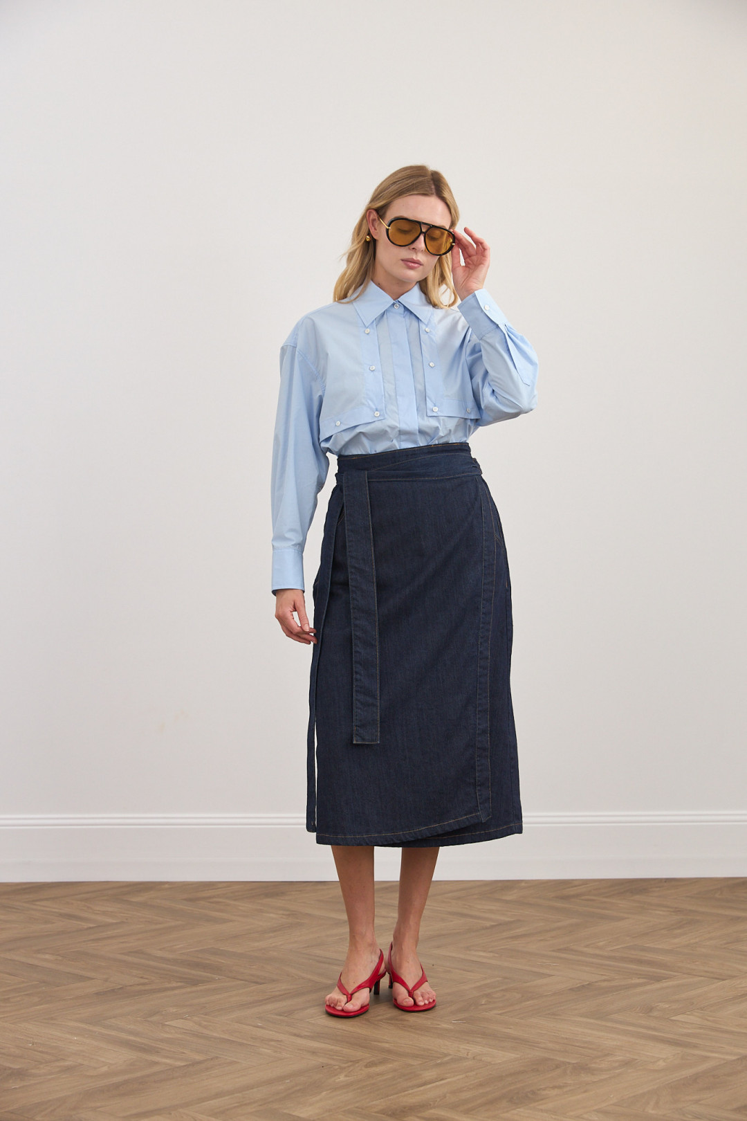 Wrap Midi Denim Skirt by Inner Tiger on curated-crowd.com