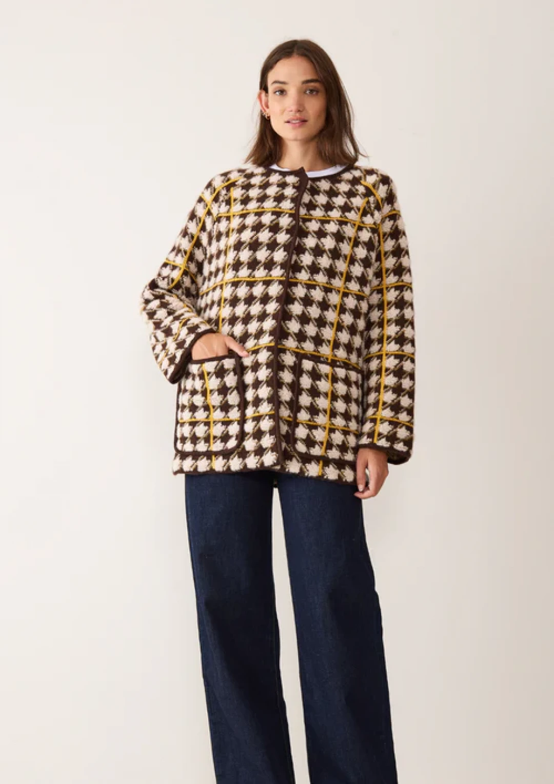 Dogtooth Checked Coat in Melon Yellow and Americano Brown by LOOP Cashmere on curated-crowd.com