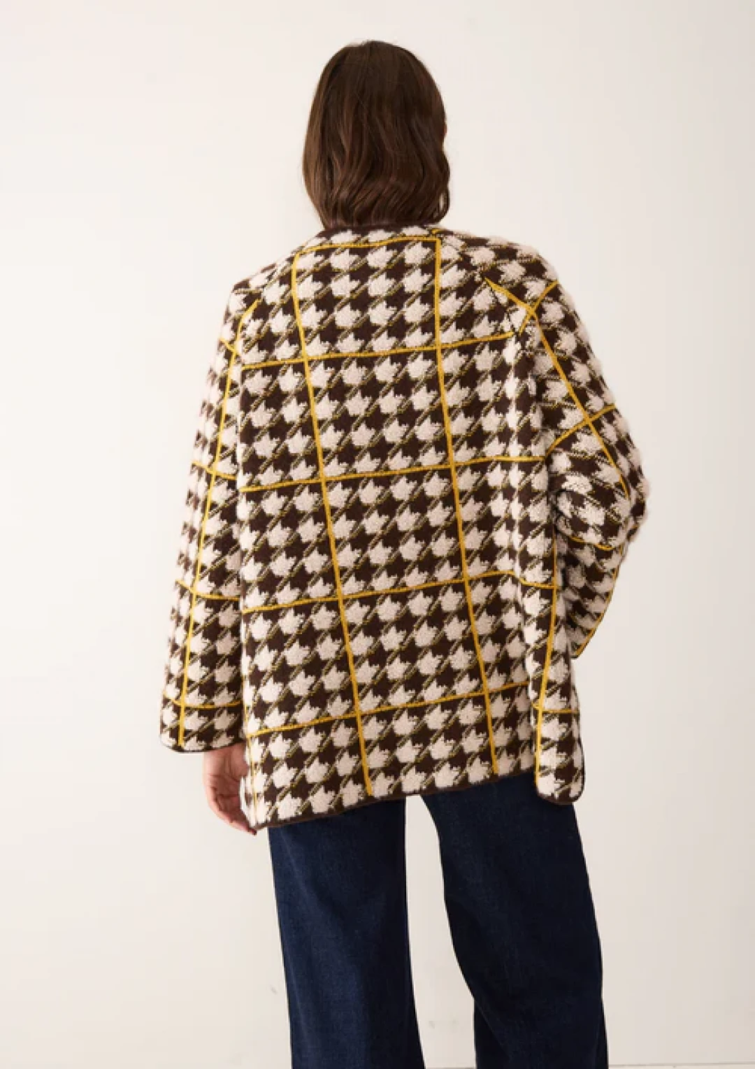 Dogtooth Checked Coat in Melon Yellow and Americano Brown by LOOP Cashmere on curated-crowd.com