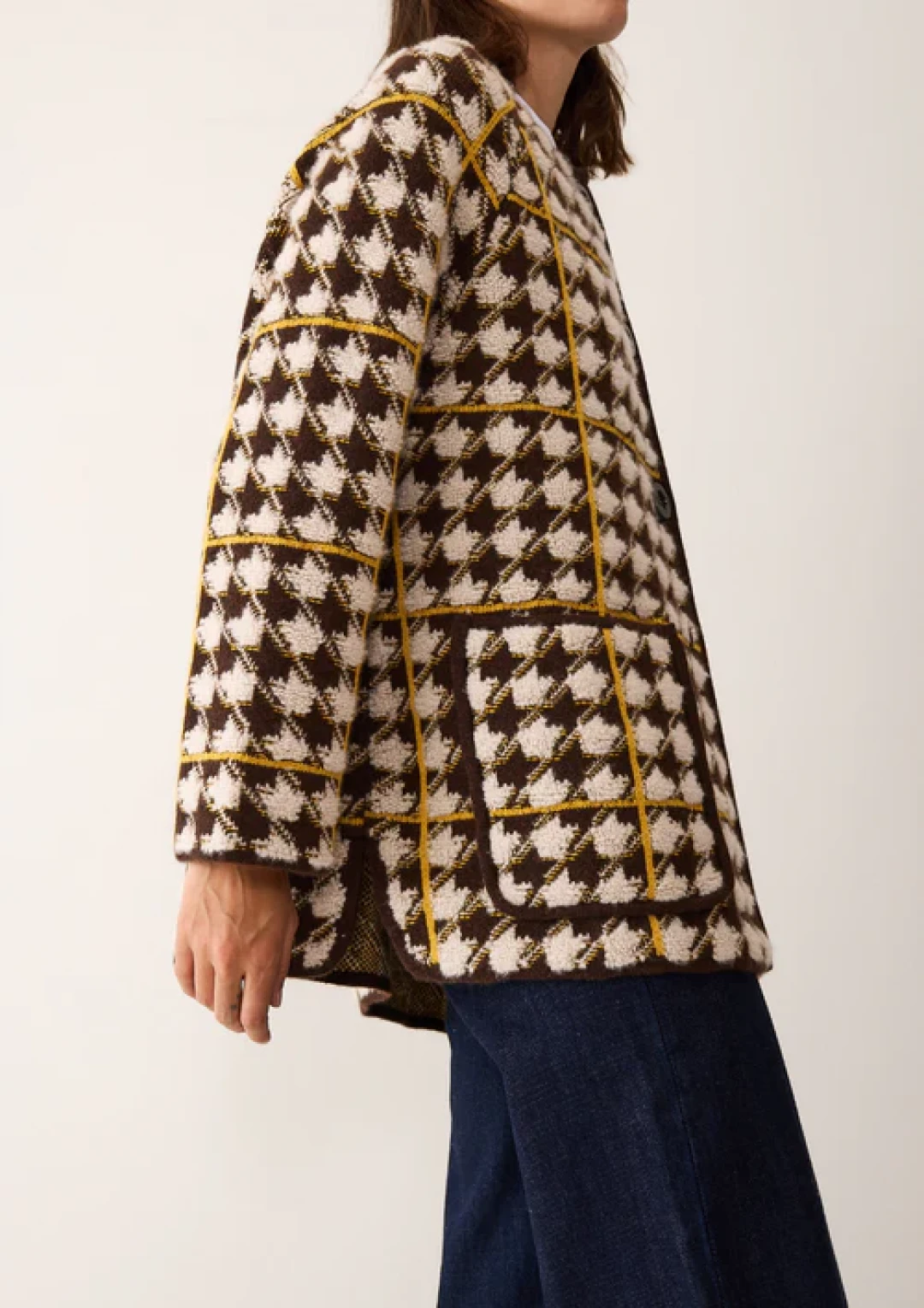 Dogtooth Checked Coat in Melon Yellow and Americano Brown by LOOP Cashmere on curated-crowd.com