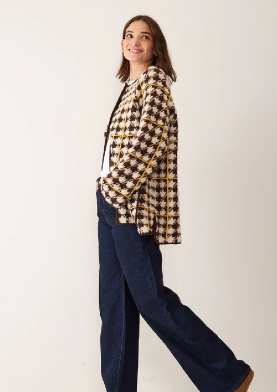 Dogtooth Checked Coat in Melon Yellow and Americano Brown by LOOP Cashmere on curated-crowd.com