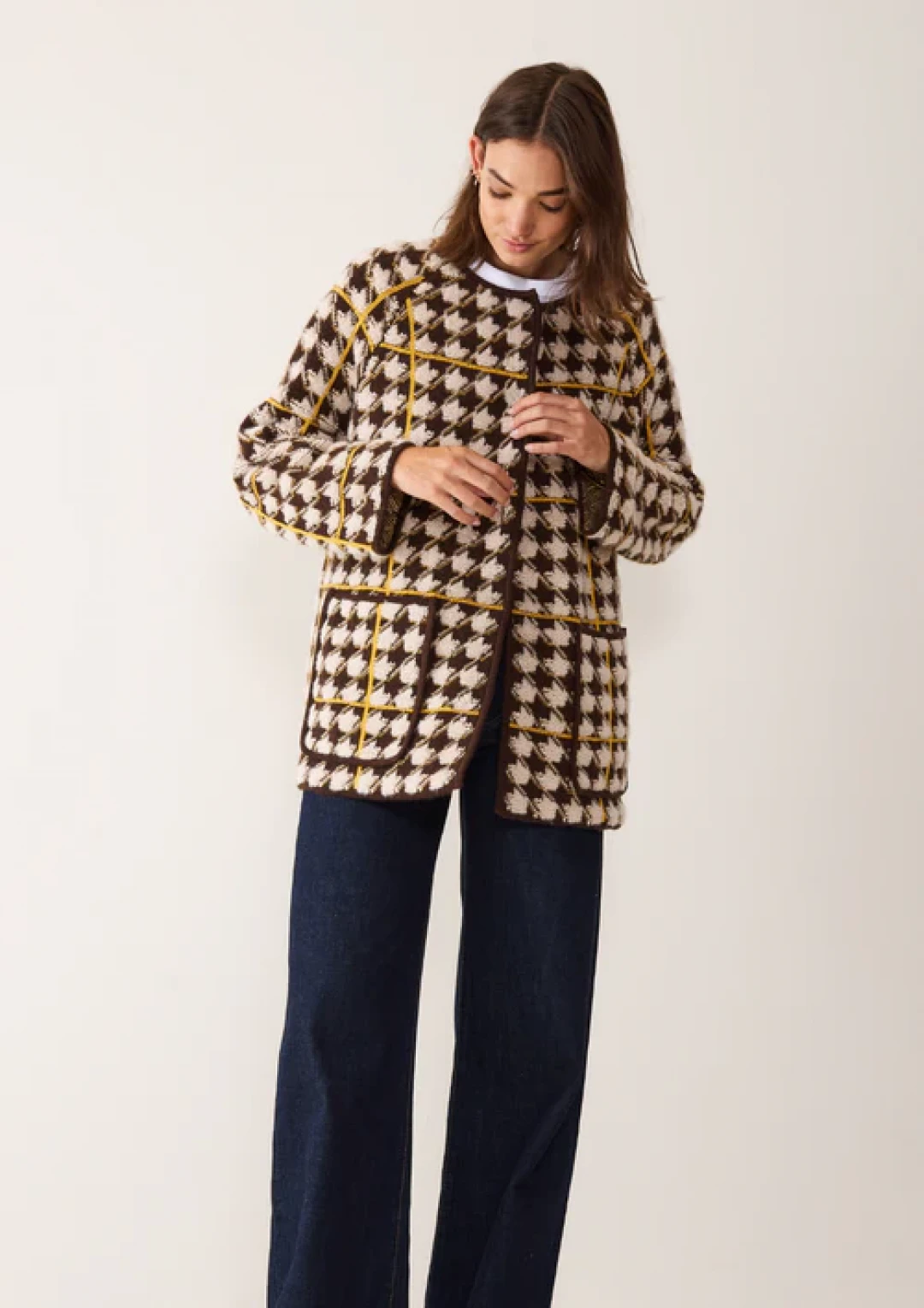Dogtooth Checked Coat in Melon Yellow and Americano Brown by LOOP Cashmere on curated-crowd.com