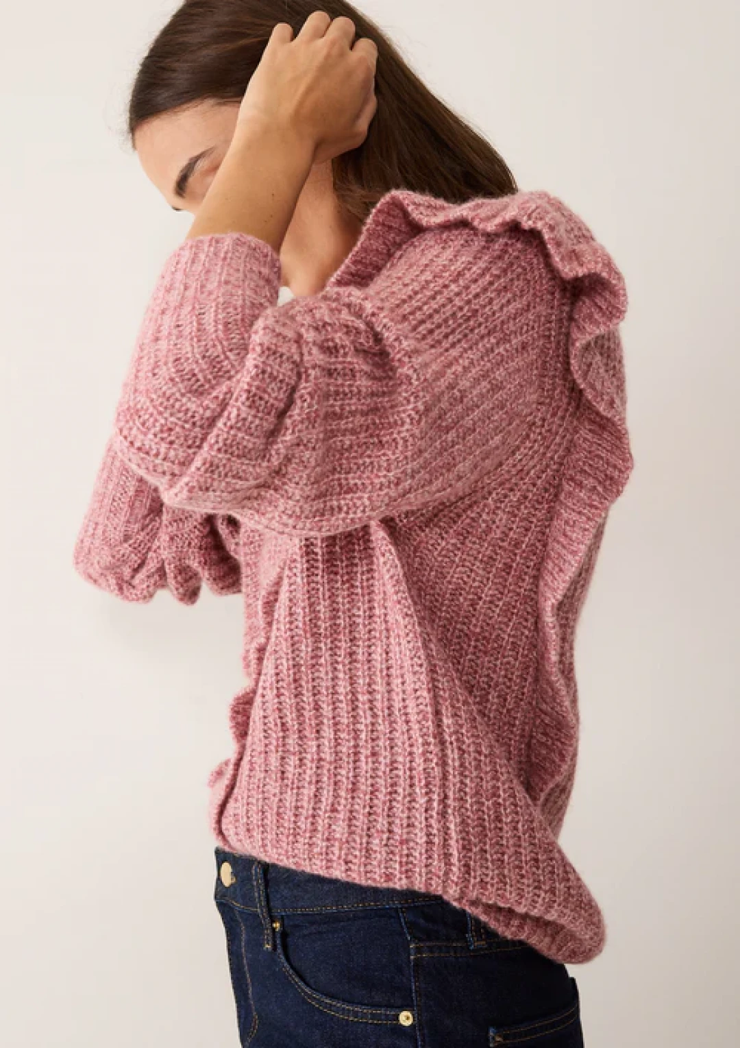 Silk and Cashmere Frilled Sweater in Sugary Pink by LOOP Cashmere on curated-crowd.com