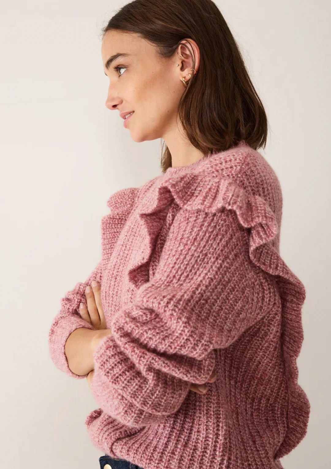 Silk and Cashmere Frilled Sweater in Sugary Pink by LOOP Cashmere on curated-crowd.com