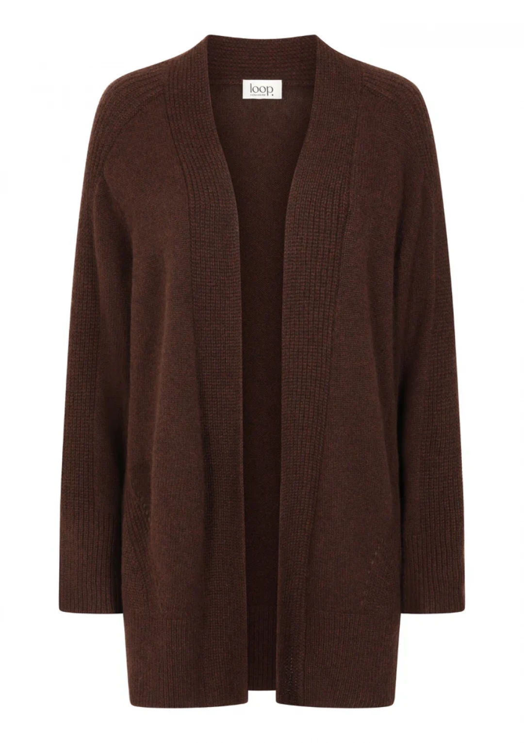 Ribbed Detail Edge to Edge Cardigan in Americano Brown by LOOP Cashmere on curated-crowd.com