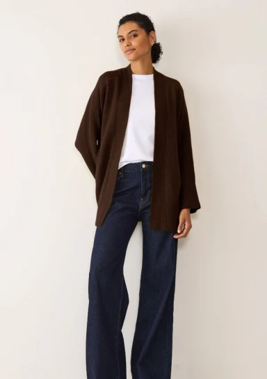 Ribbed Detail Edge to Edge Cardigan in Americano Brown by LOOP Cashmere on curated-crowd.com