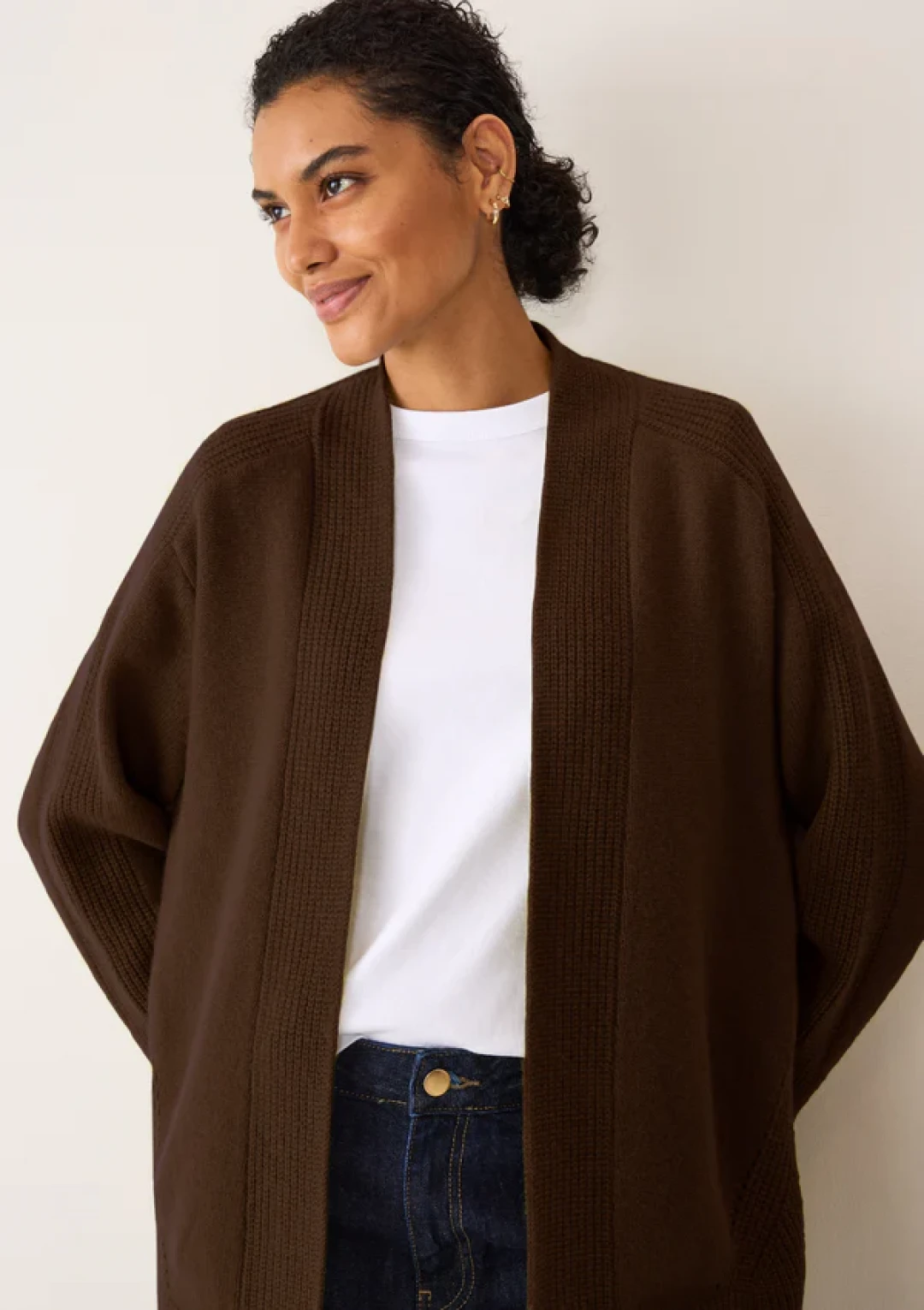 Ribbed Detail Edge to Edge Cardigan in Americano Brown by LOOP Cashmere on curated-crowd.com