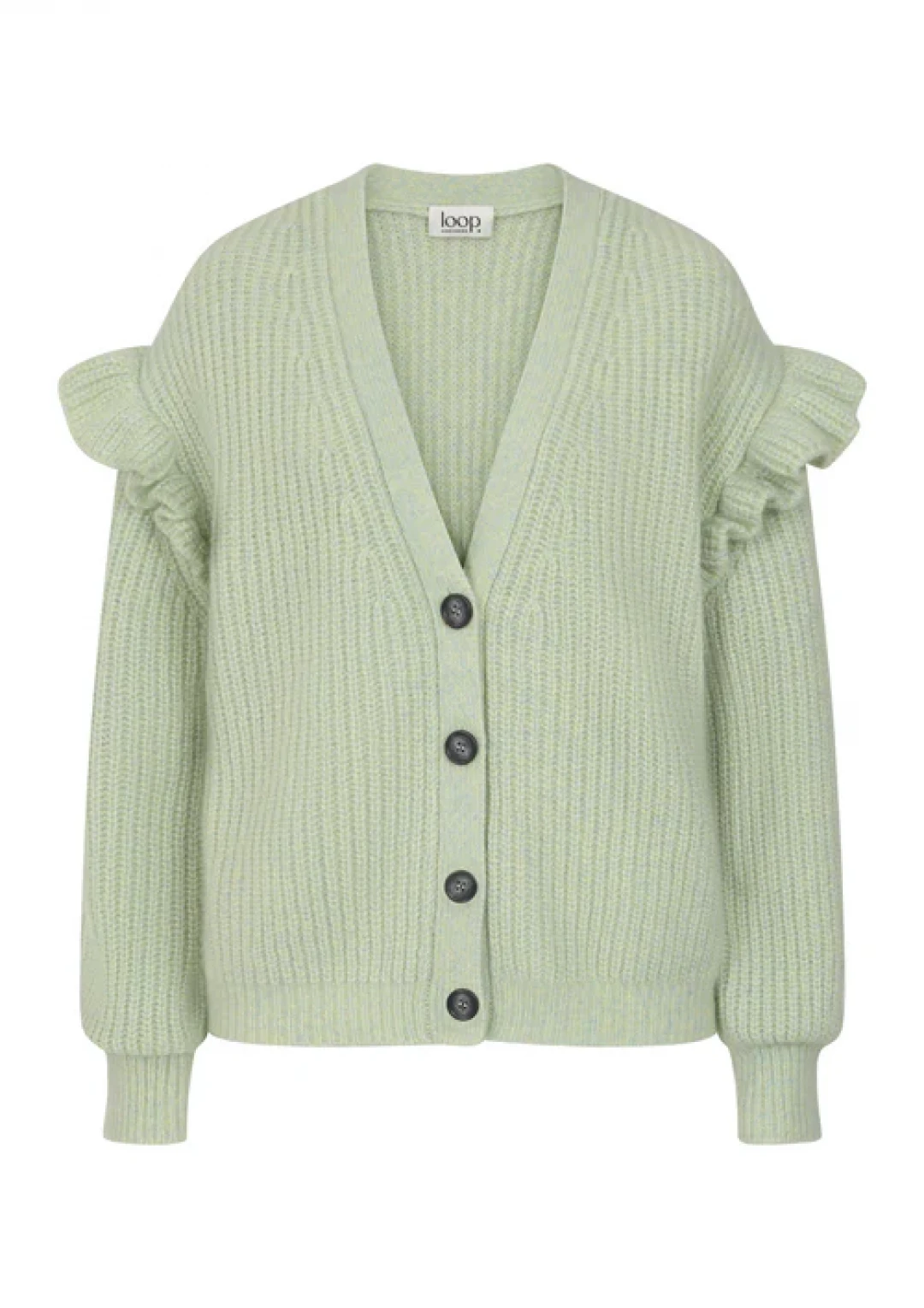 Silk and Cashmere Frilled Cardigan in Tannin Green by LOOP Cashmere on curated-crowd.com