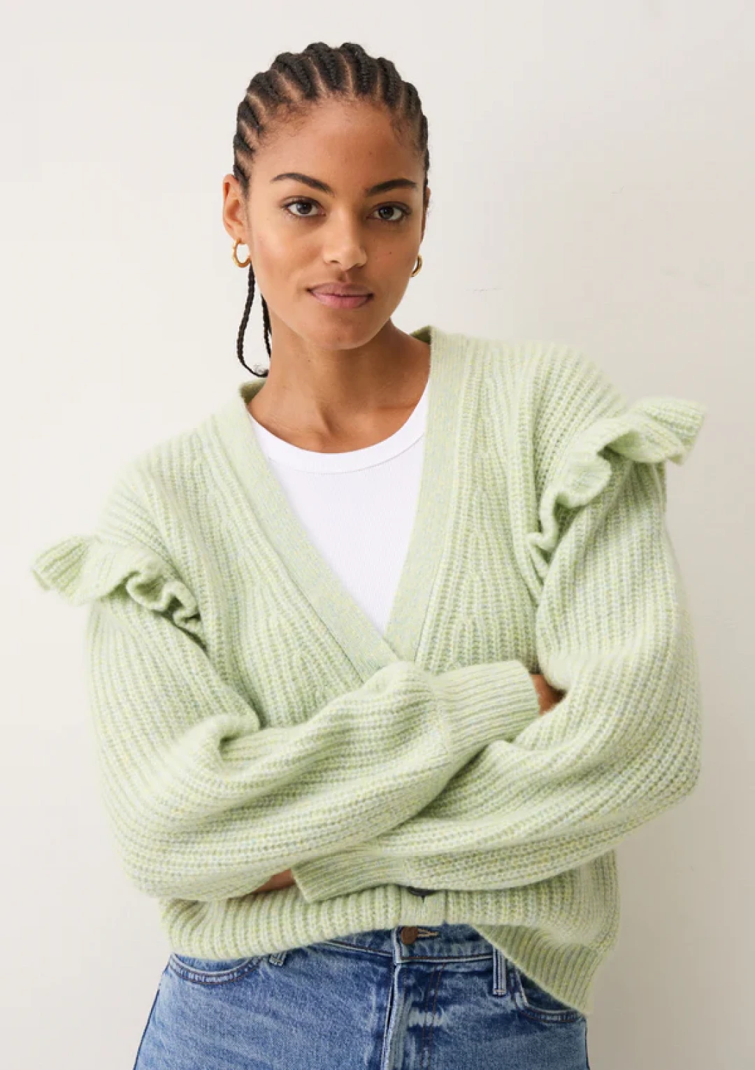 Silk and Cashmere Frilled Cardigan in Tannin Green by LOOP Cashmere on curated-crowd.com