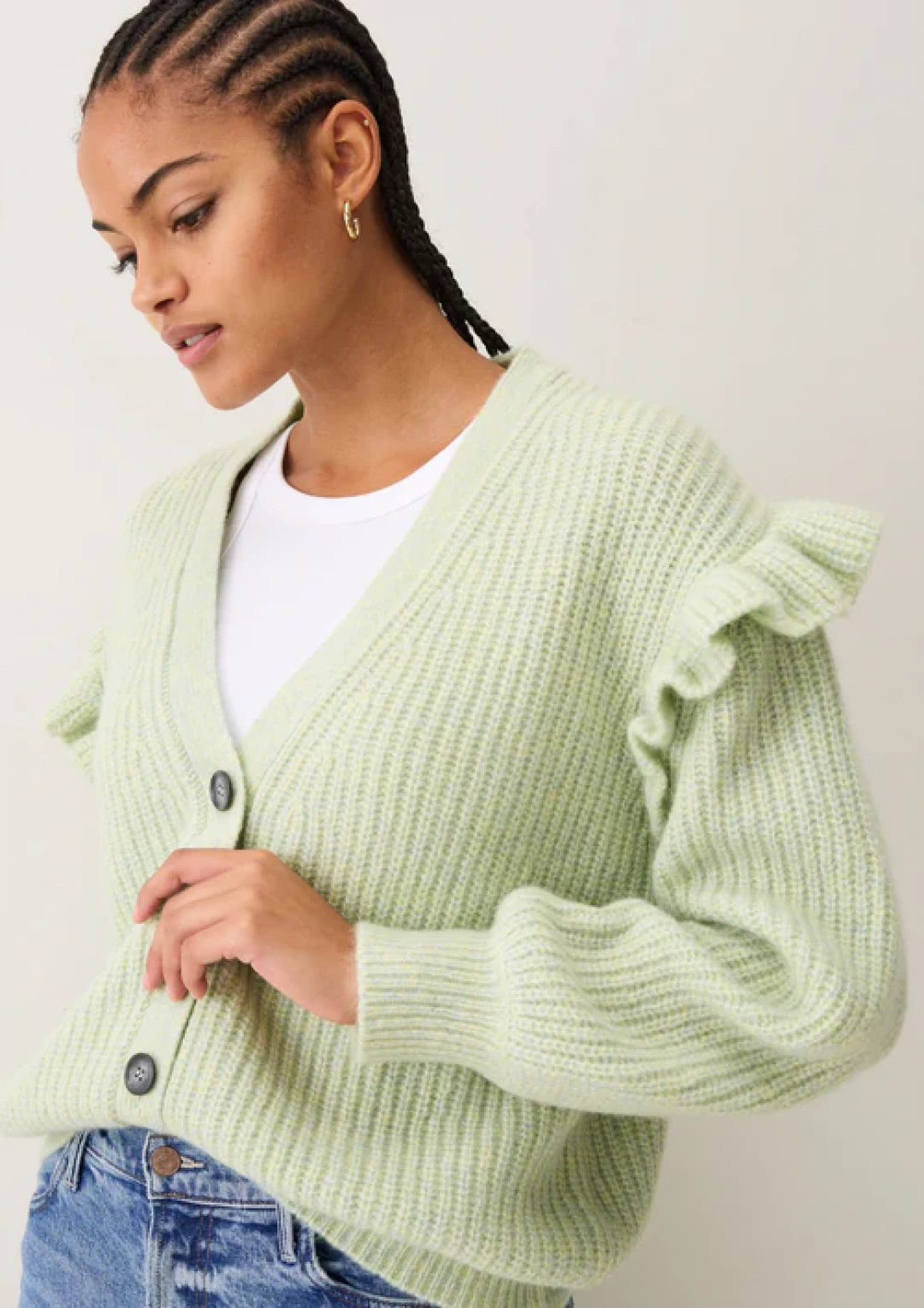 Silk and Cashmere Frilled Cardigan in Tannin Green by LOOP Cashmere on curated-crowd.com