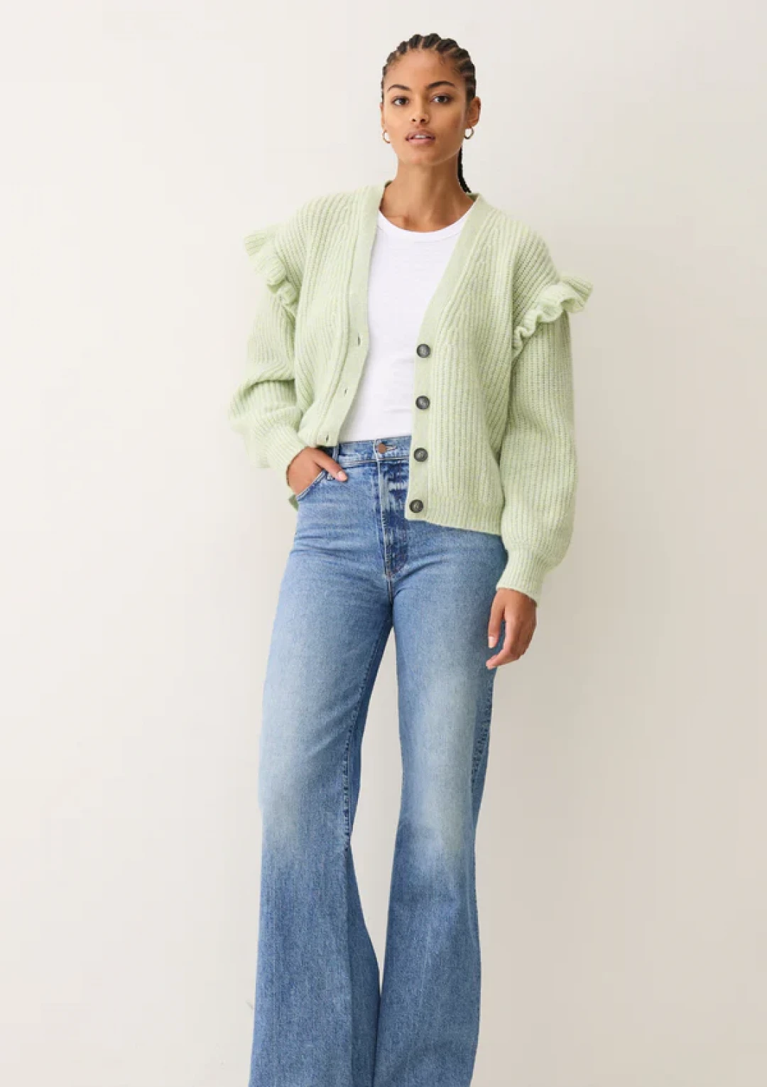 Silk and Cashmere Frilled Cardigan in Tannin Green by LOOP Cashmere on curated-crowd.com