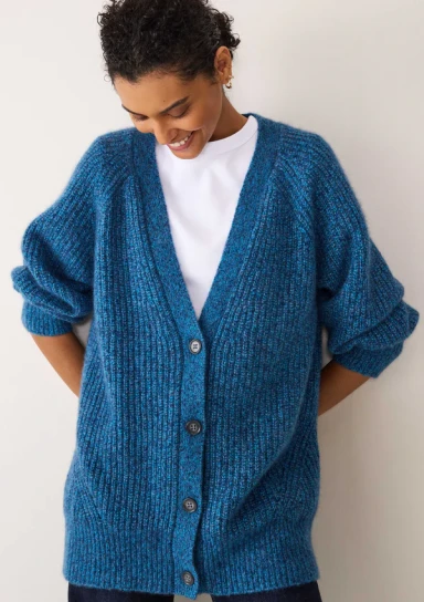 Silk and Cashmere Boyfriend Cardigan in Bonito Blue by LOOP Cashmere on curated-crowd.com