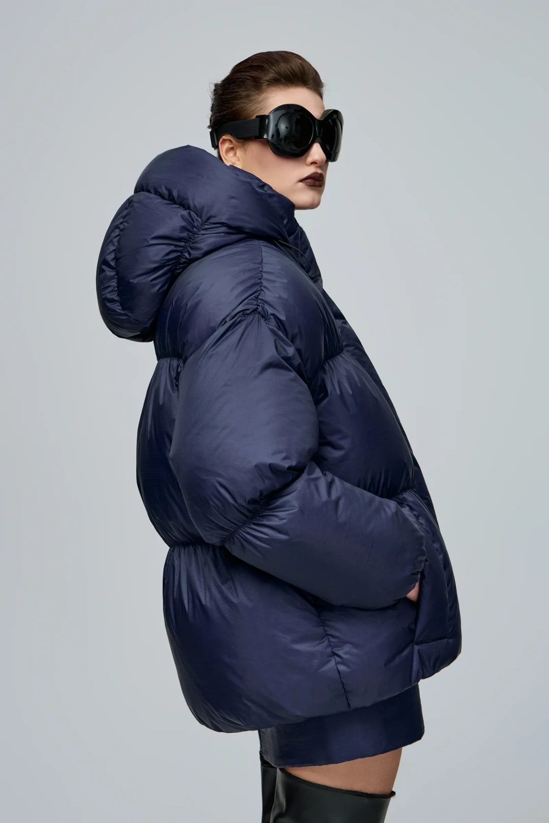Marshmallow Navy Puffer Jacket by THE WARM on curated-crowd.com