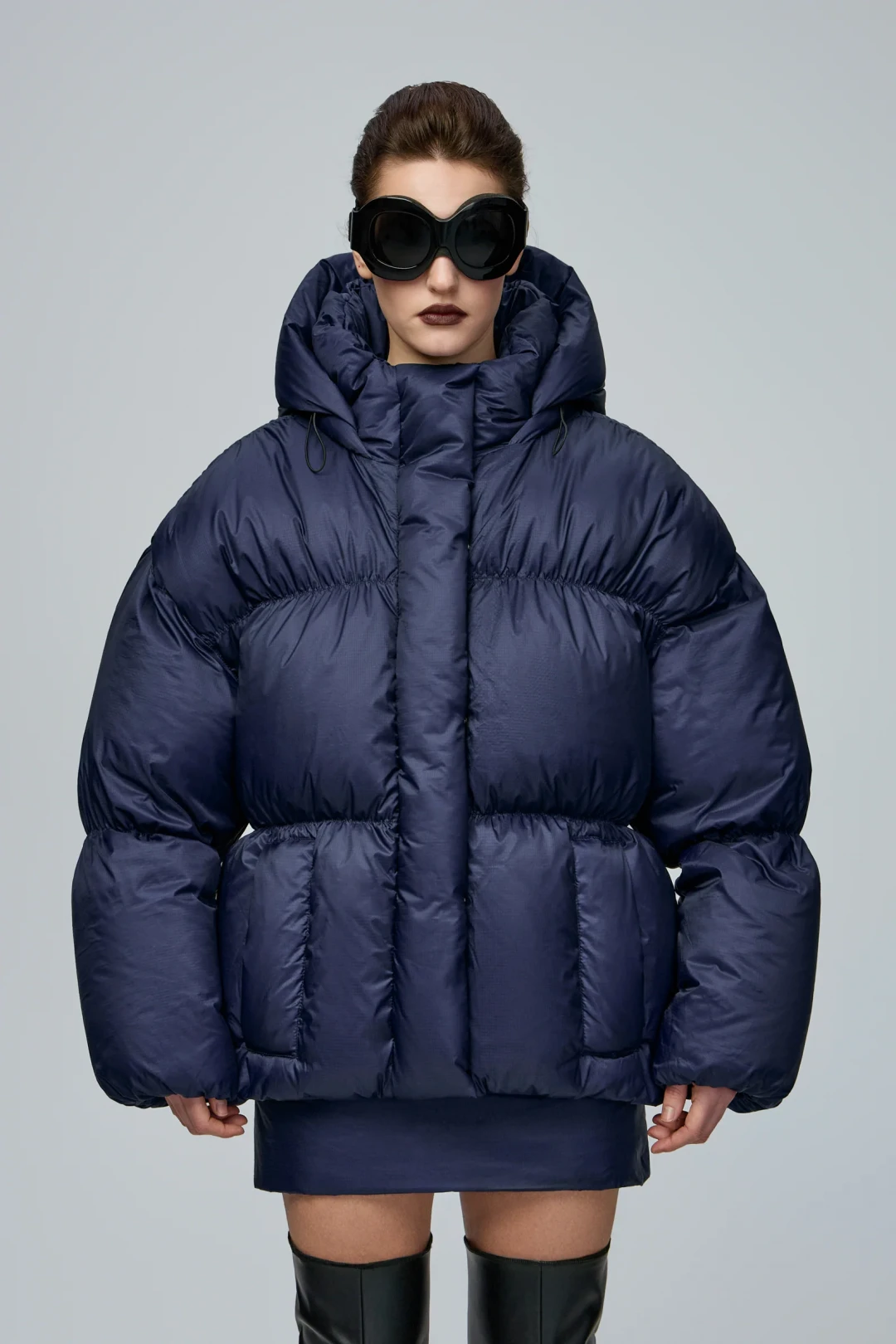 Marshmallow Navy Puffer Jacket by THE WARM on curated-crowd.com
