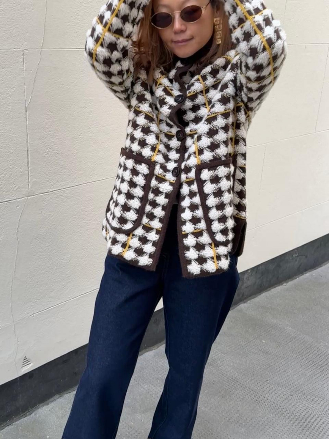 Dogtooth Checked Coat in Melon Yellow and Americano Brown by LOOP Cashmere on curated-crowd.com