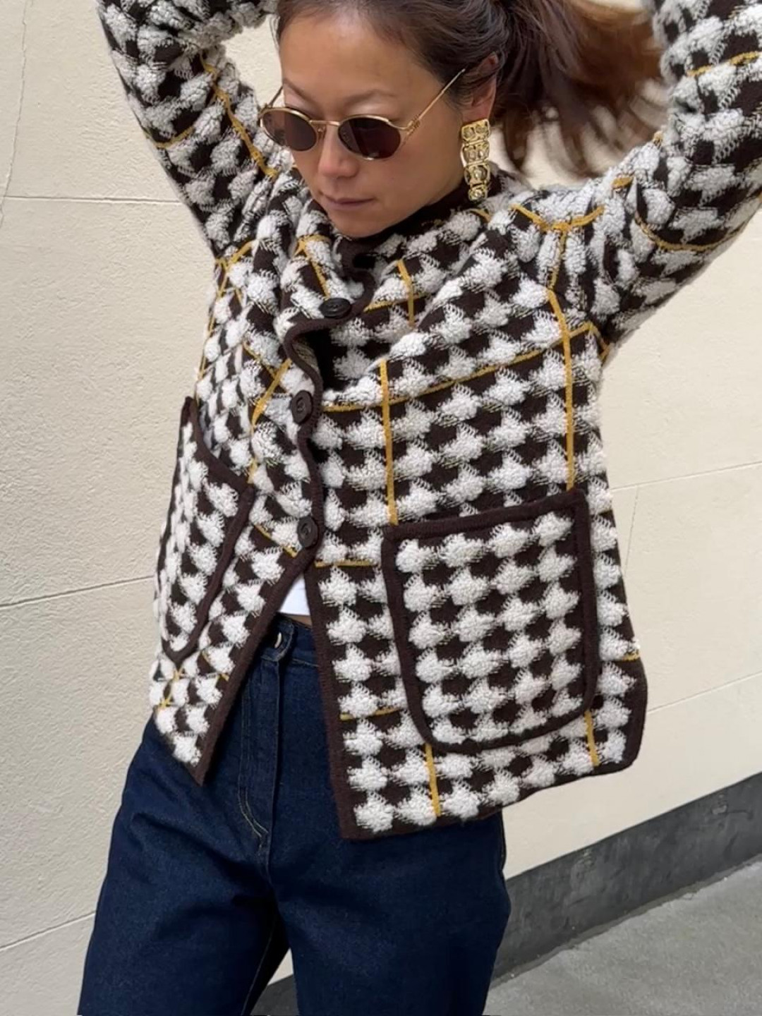 Dogtooth Checked Coat in Melon Yellow and Americano Brown by LOOP Cashmere on curated-crowd.com