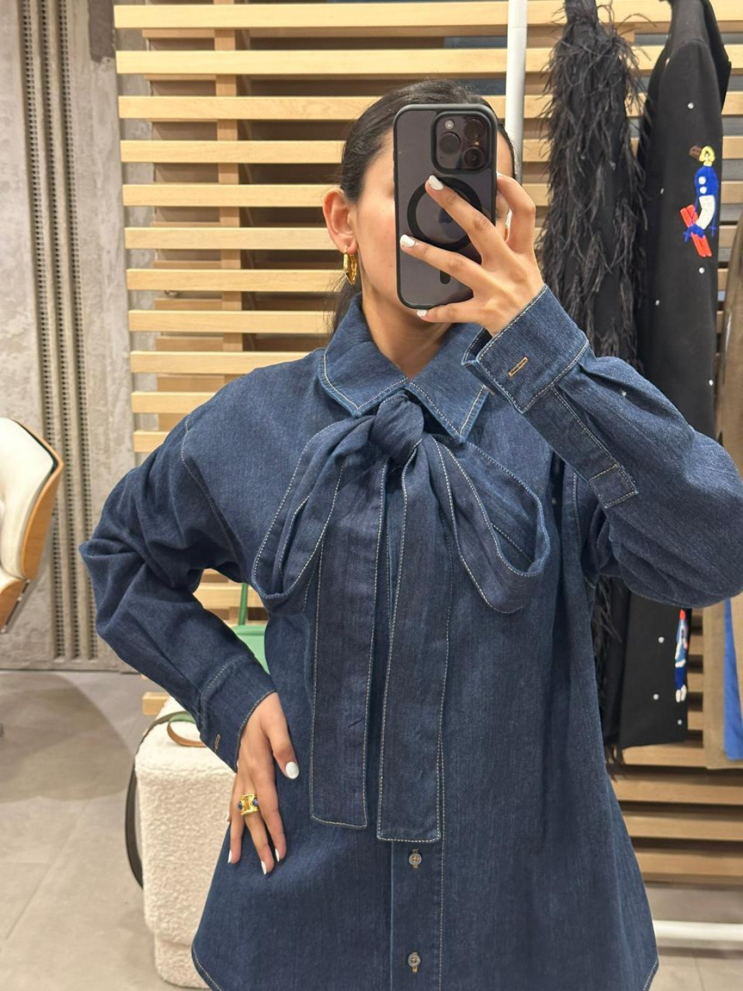 Denim Overshirt with Bow by Inner Tiger on curated-crowd.com