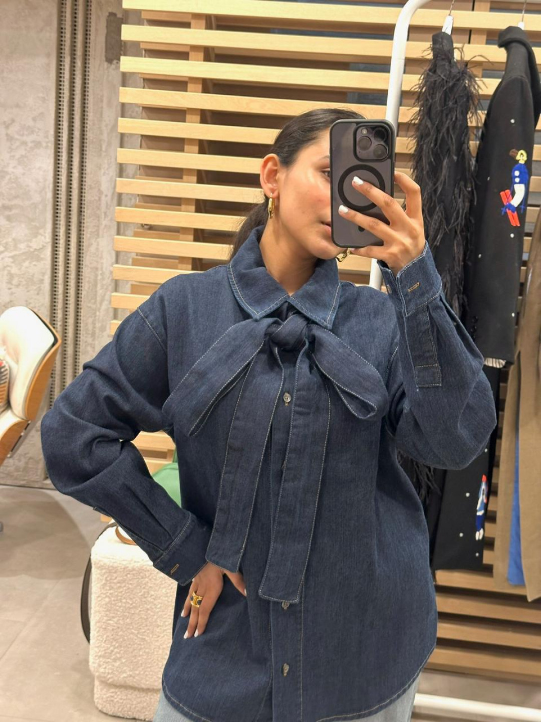 Denim Overshirt with Bow by Inner Tiger on curated-crowd.com