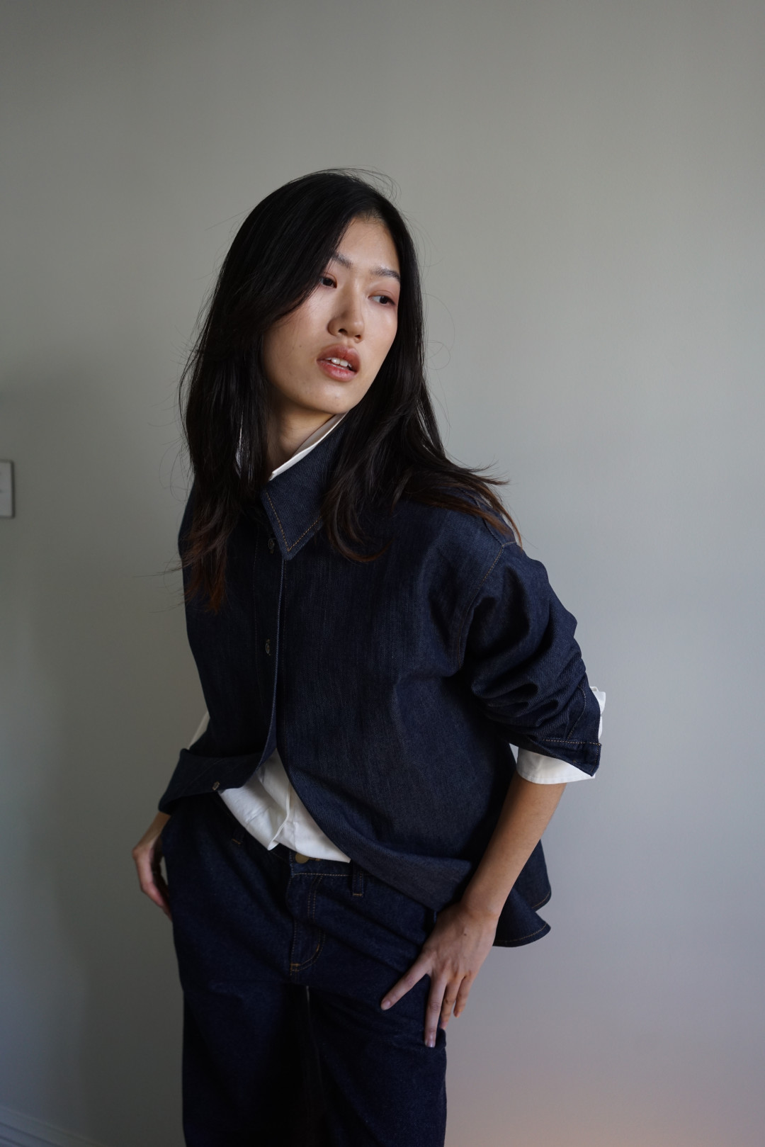 Denim Overshirt with Bow by Inner Tiger on curated-crowd.com