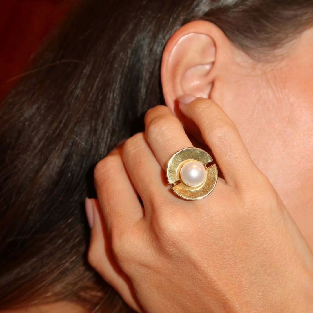 Freshwater Button Pearl Set Ovoid Panel Ring by Tay Jewellery on curated-crowd.com