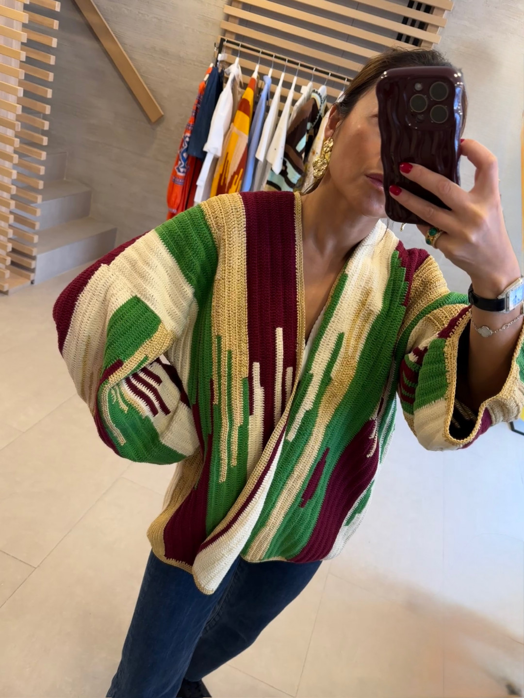 Jade Jacket Beige Burgundy by Jessica K on curated-crowd.com