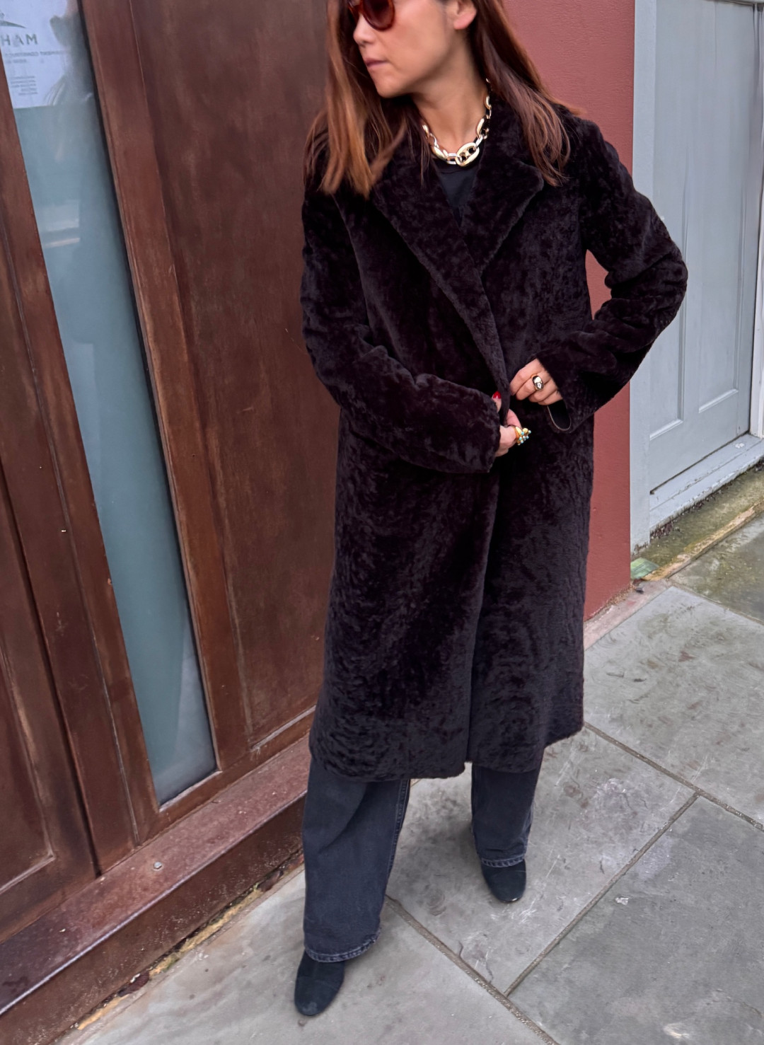 Serenade Shearling Coat in Dark Brown by Curated Crowd Collective on curated-crowd.com