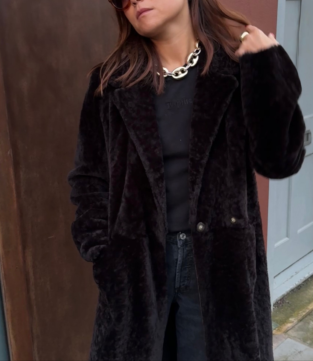 Serenade Shearling Coat in Dark Brown by Curated Crowd Collective on curated-crowd.com