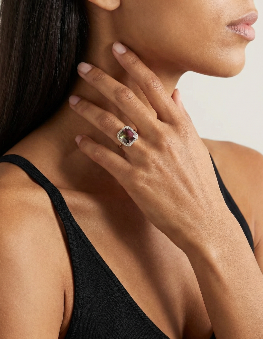 Watermelon Tourmaline Ring with Diamond Halo by Kiaash on curated-crowd.com
