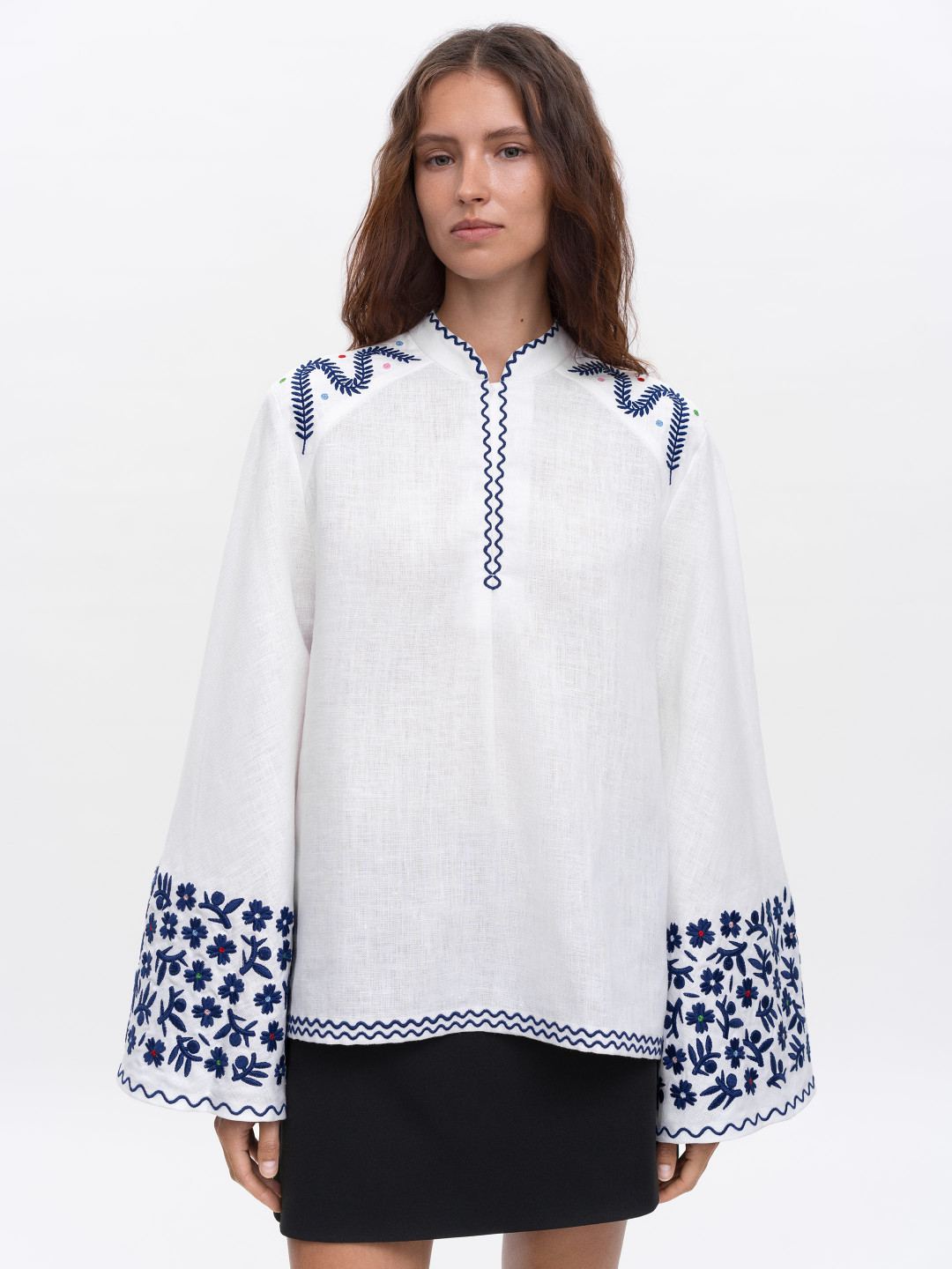 Embroidered Linen Blouse with Wide Sleeves 'Teren Syniy' by Etnodim on curated-crowd.com