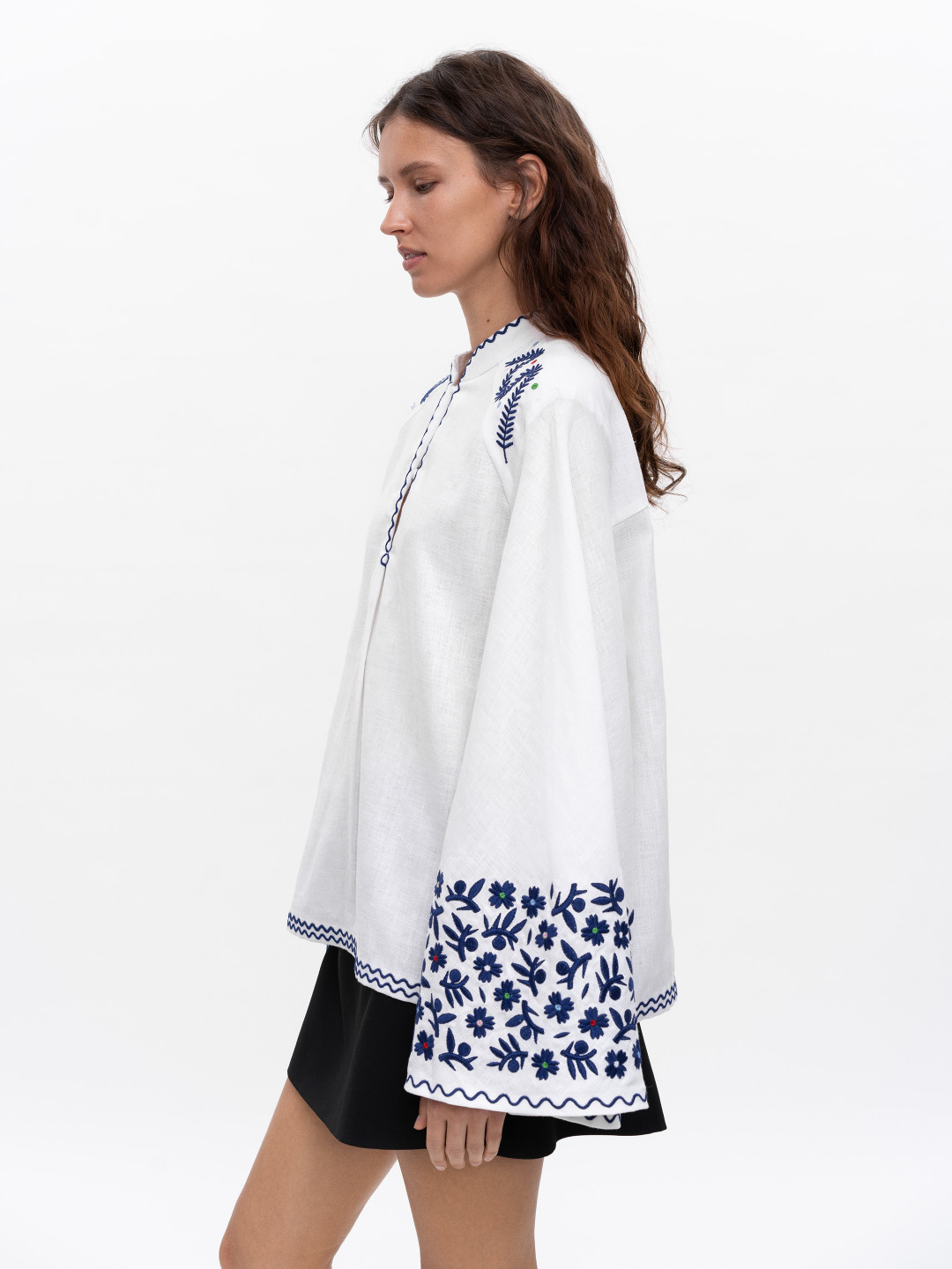 Embroidered Linen Blouse with Wide Sleeves 'Teren Syniy' by Etnodim on curated-crowd.com