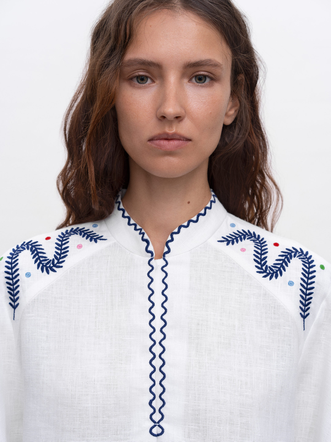 Embroidered Linen Blouse with Wide Sleeves 'Teren Syniy' by Etnodim on curated-crowd.com