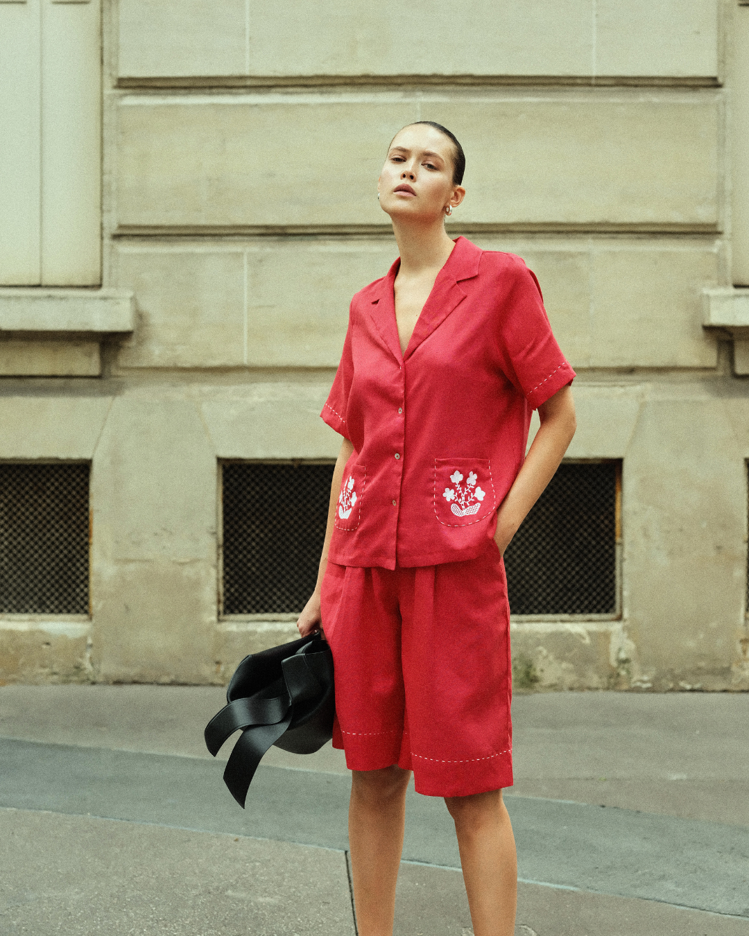 Homeland Red Linen Co-Ord with embroidery by AG Studio on curated-crowd.com