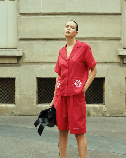 Homeland Red Linen Co-Ord with embroidery by AG Studio on curated-crowd.com