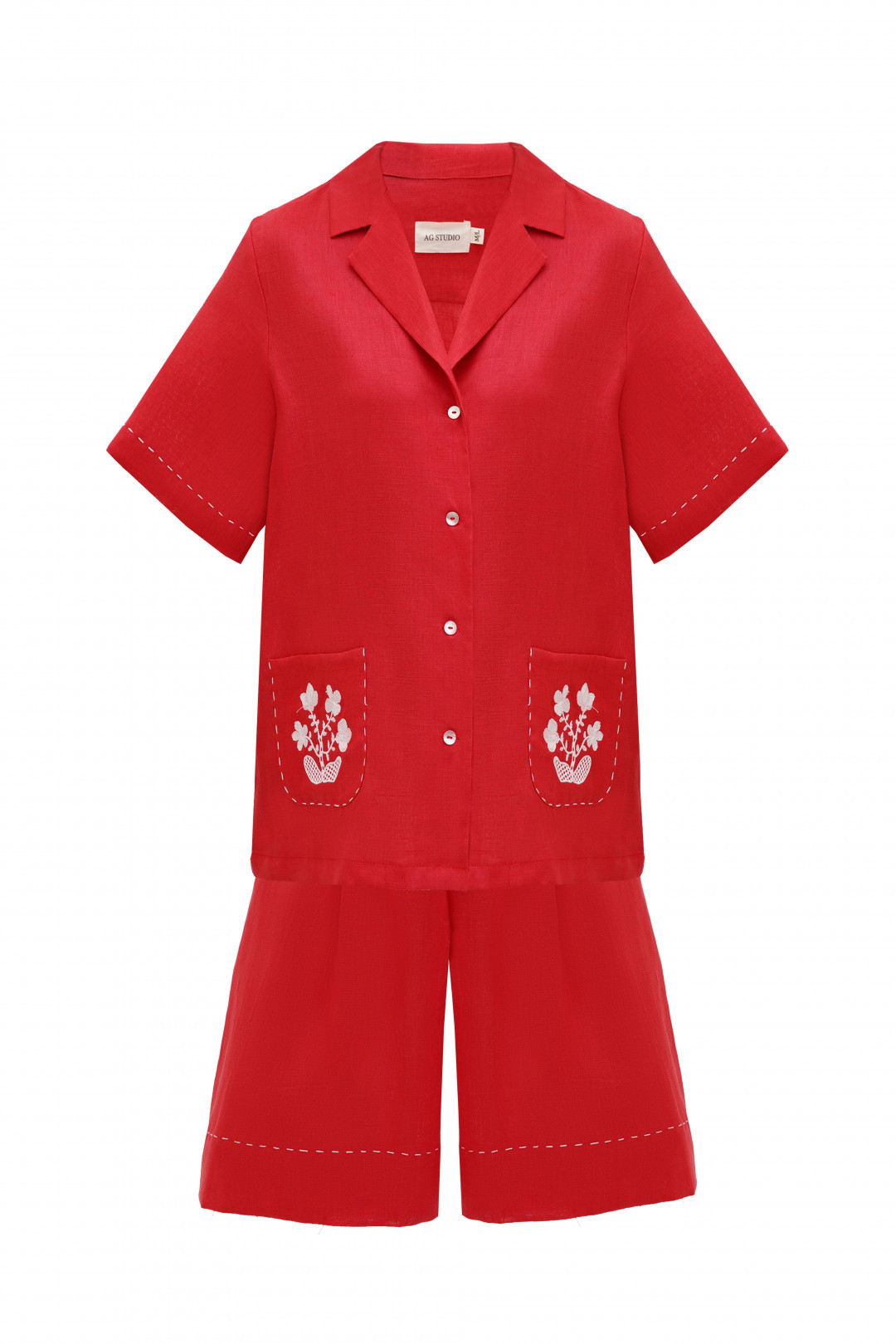 Homeland Red Linen Co-Ord with embroidery by AG Studio on curated-crowd.com