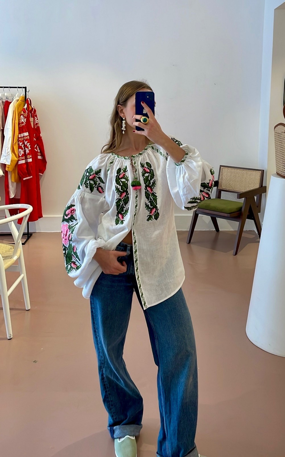 Claire White Blouse with Green Embroidery by FOBERINI on curated-crowd.com