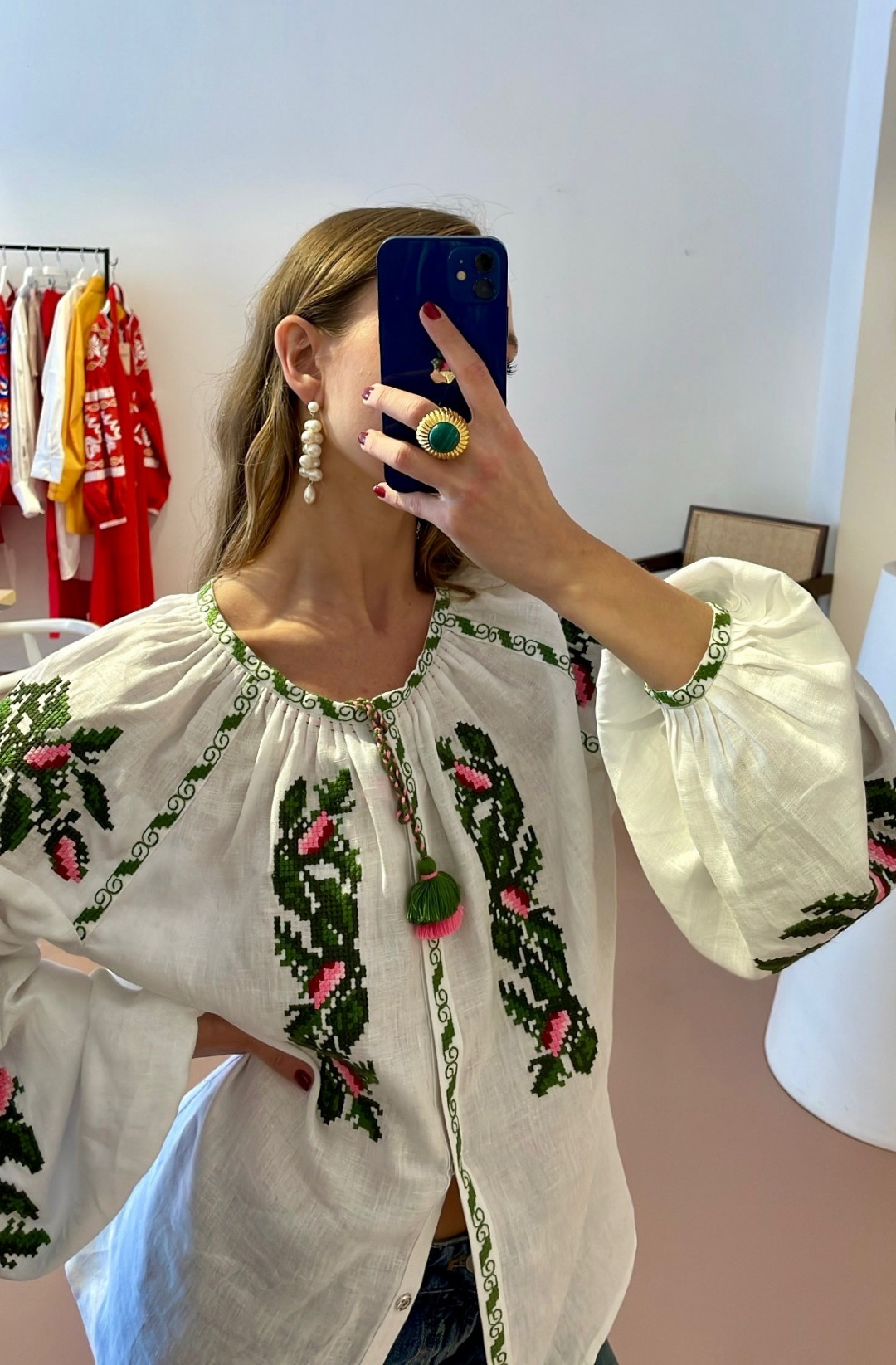 Claire White Blouse with Green Embroidery by FOBERINI on curated-crowd.com